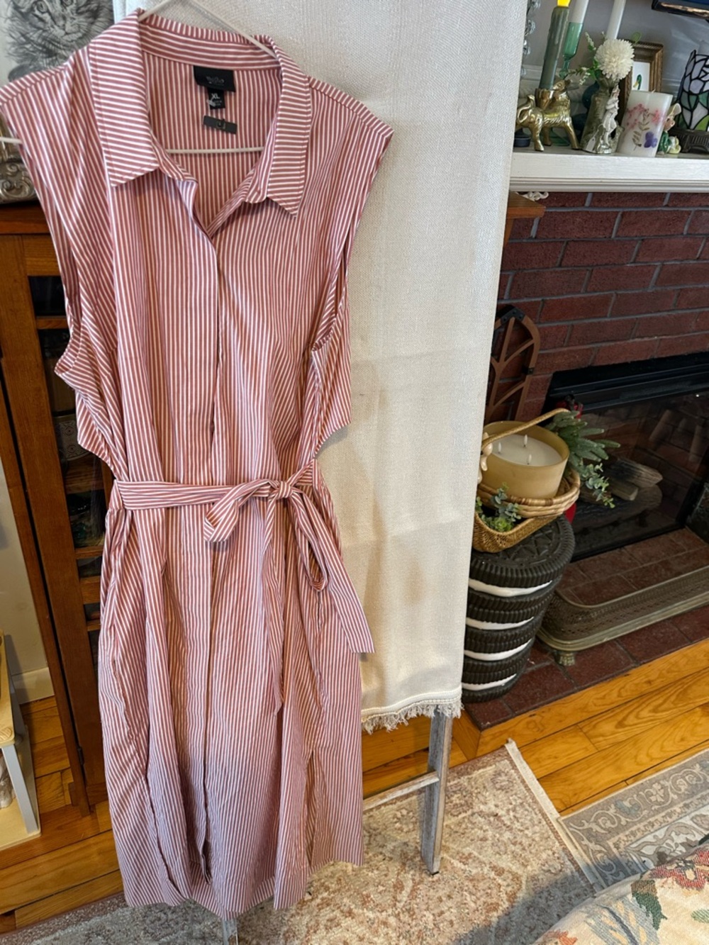 Sleeveless Pink Striped Shirt Dress with Tie Waist